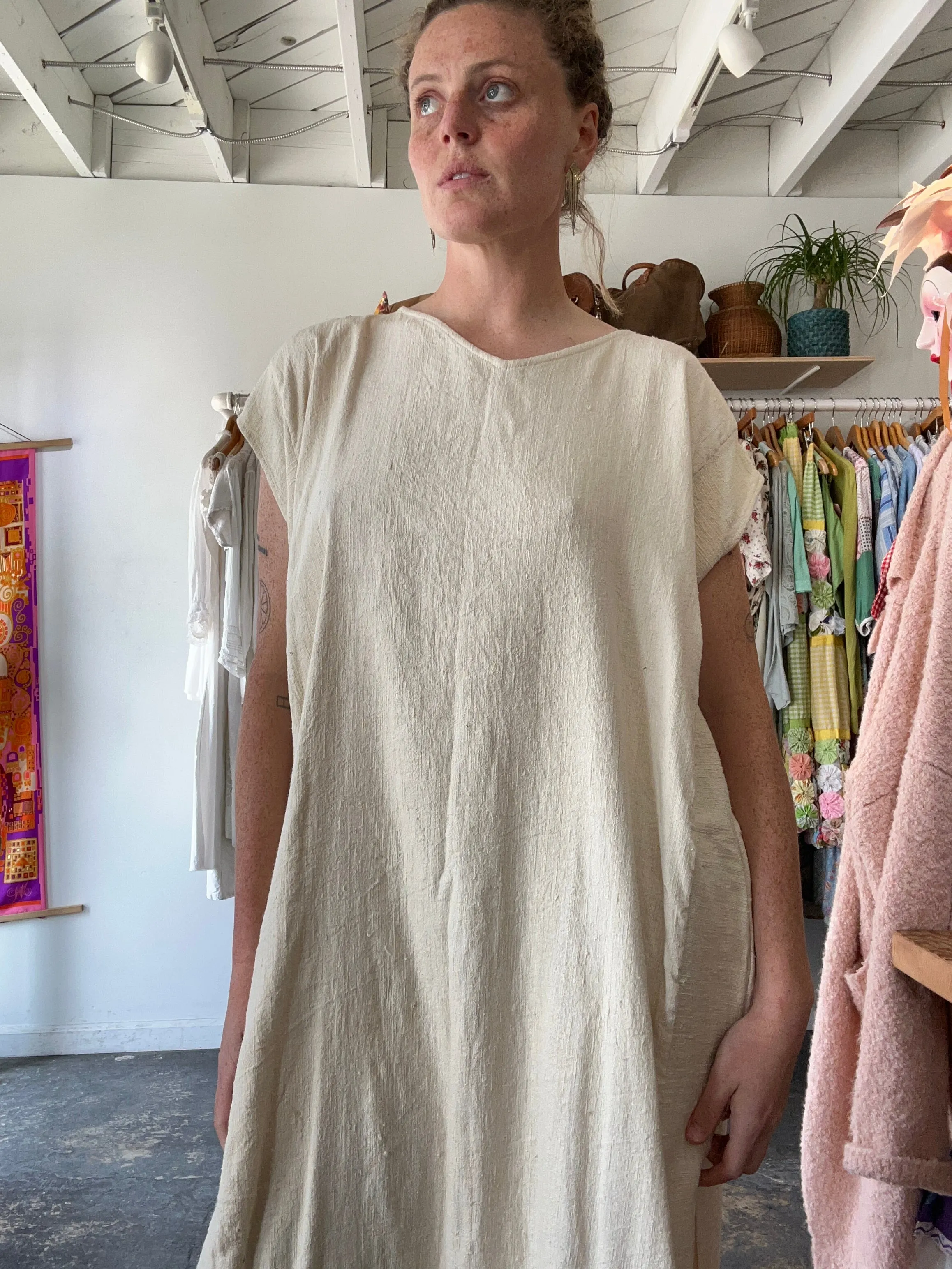 Vintage Tan Raw Silk Kaftan-Style Dress