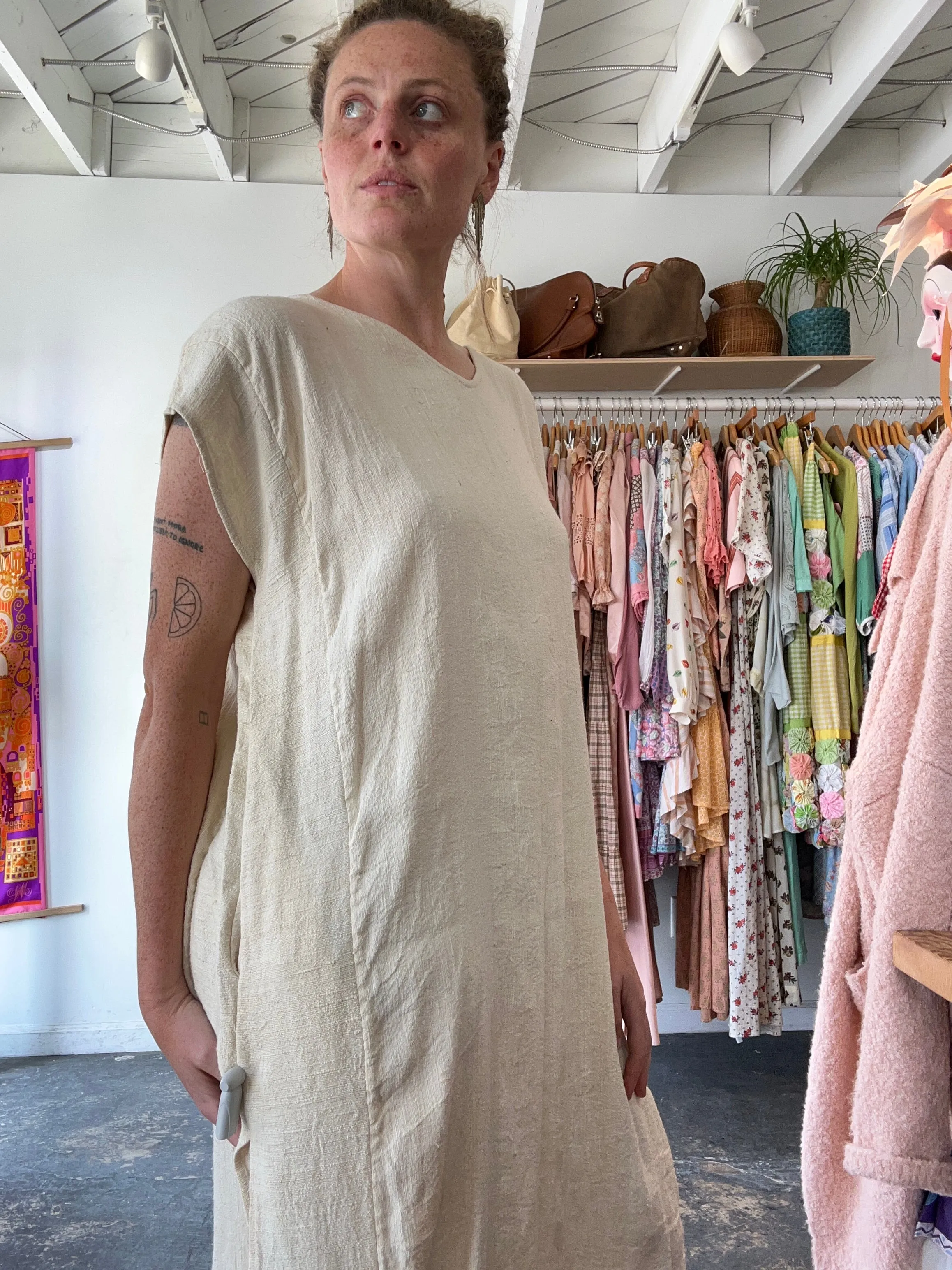 Vintage Tan Raw Silk Kaftan-Style Dress