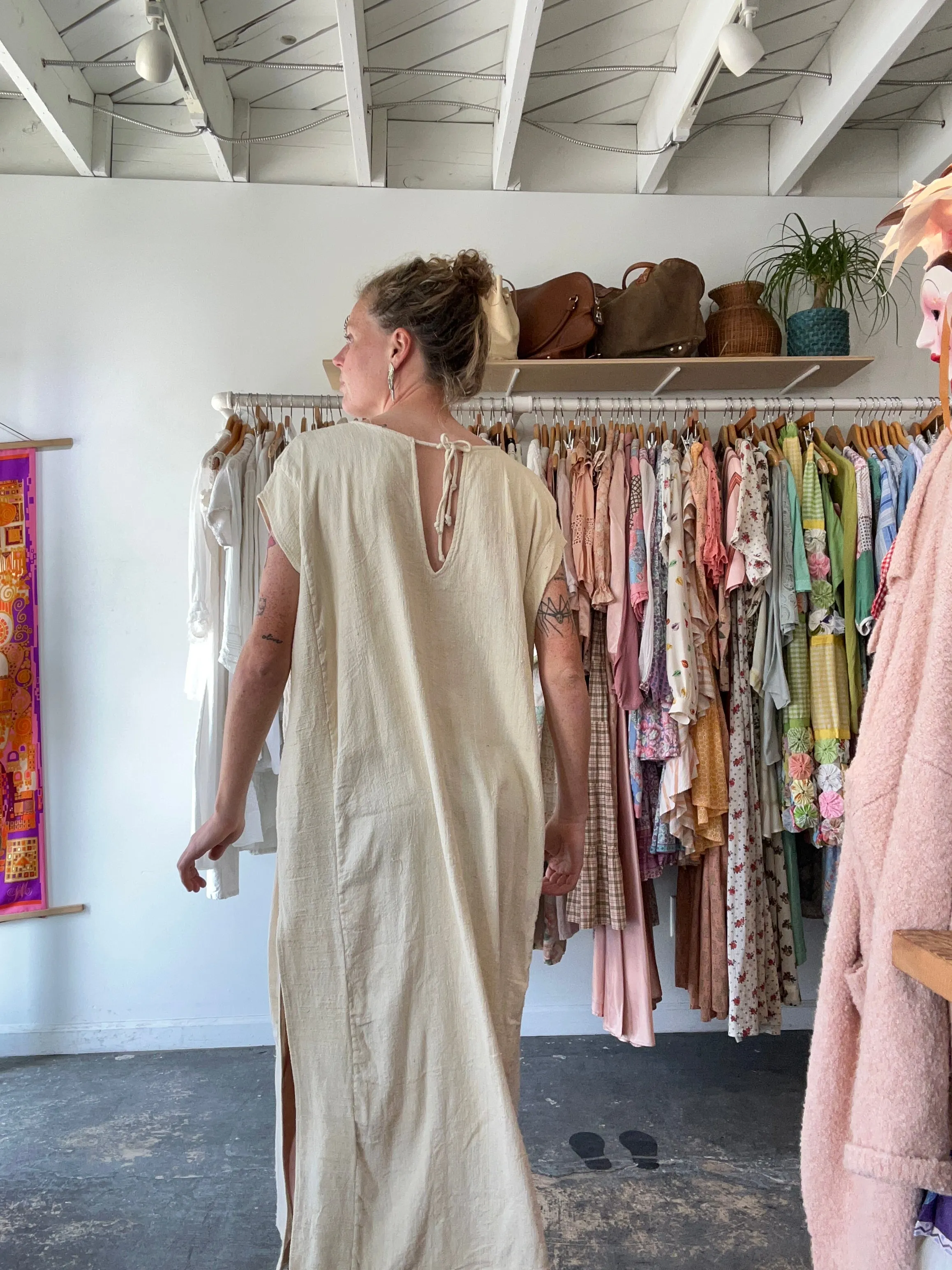 Vintage Tan Raw Silk Kaftan-Style Dress