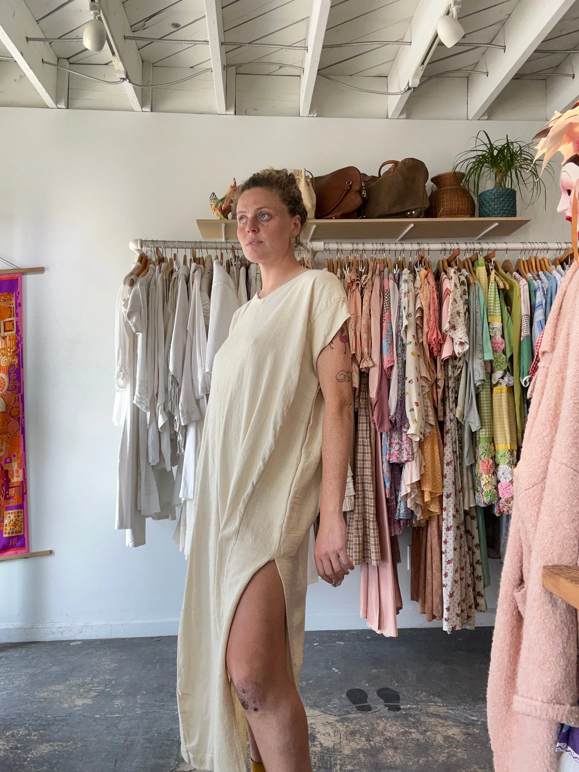 Vintage Tan Raw Silk Kaftan-Style Dress