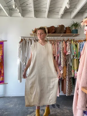 Vintage Tan Raw Silk Kaftan-Style Dress