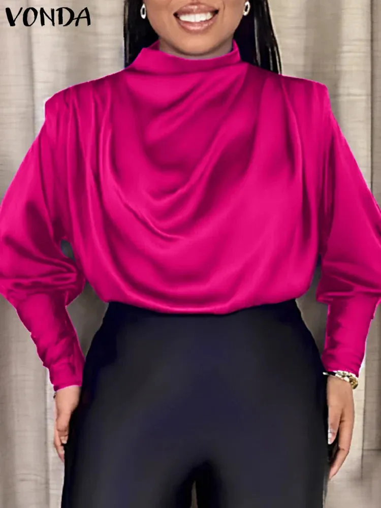VONDA Fashion Ruffled Shirts Eleagnt Blouses Women Casual Lantern Long Sleeve Tops Stand Collar Solid Color Blusas Oversized