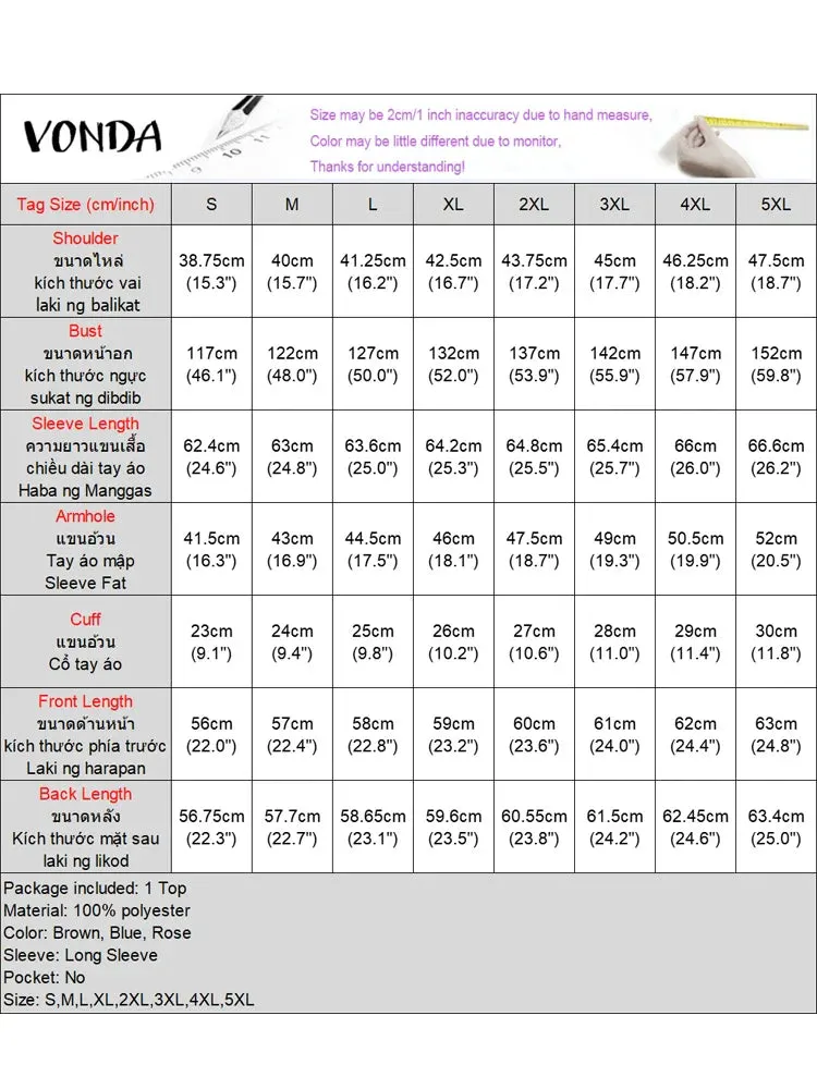 VONDA Fashion Ruffled Shirts Eleagnt Blouses Women Casual Lantern Long Sleeve Tops Stand Collar Solid Color Blusas Oversized