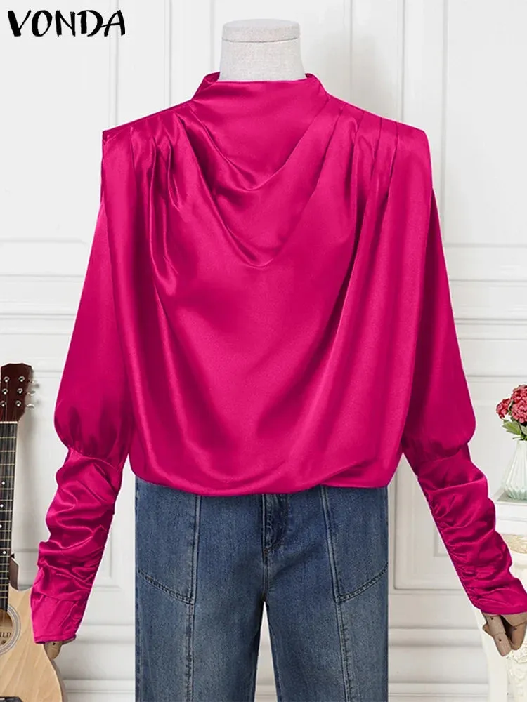 VONDA Fashion Ruffled Shirts Eleagnt Blouses Women Casual Lantern Long Sleeve Tops Stand Collar Solid Color Blusas Oversized