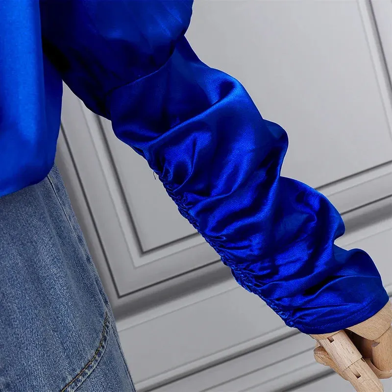 VONDA Fashion Ruffled Shirts Eleagnt Blouses Women Casual Lantern Long Sleeve Tops Stand Collar Solid Color Blusas Oversized
