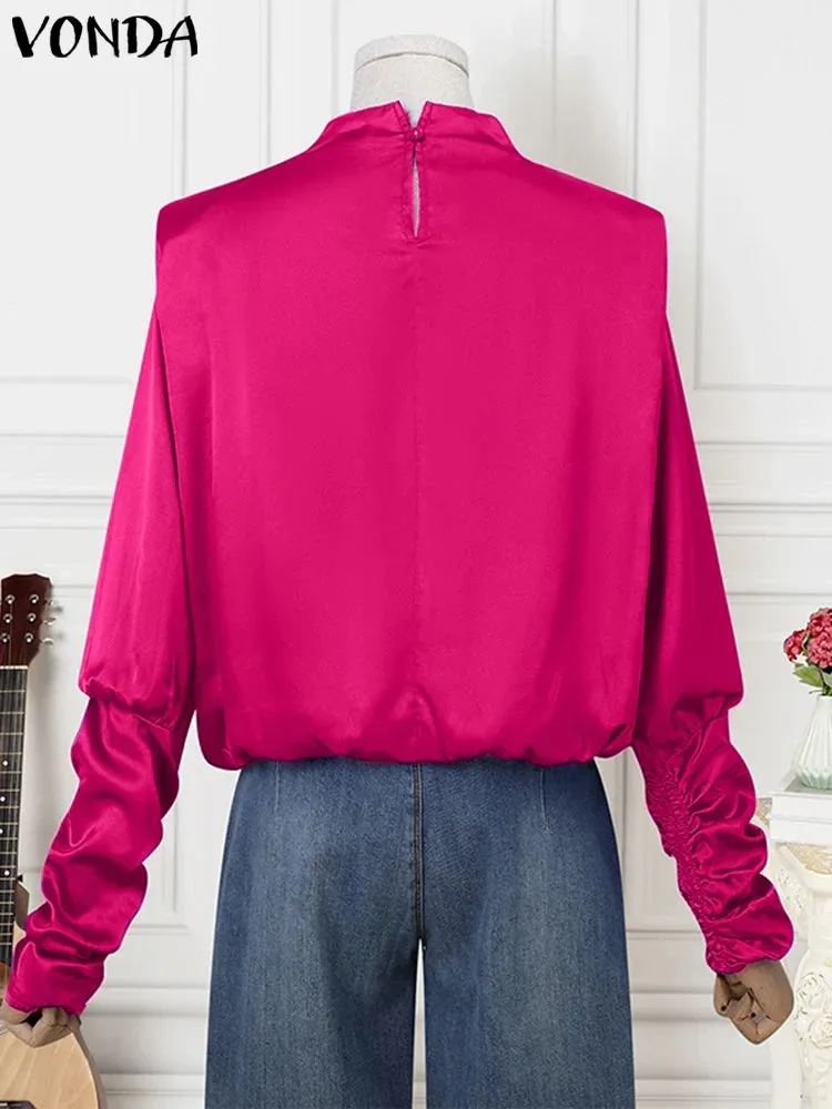 VONDA Fashion Ruffled Shirts Eleagnt Blouses Women Casual Lantern Long Sleeve Tops Stand Collar Solid Color Blusas Oversized