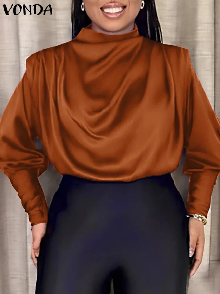 VONDA Fashion Ruffled Shirts Eleagnt Blouses Women Casual Lantern Long Sleeve Tops Stand Collar Solid Color Blusas Oversized