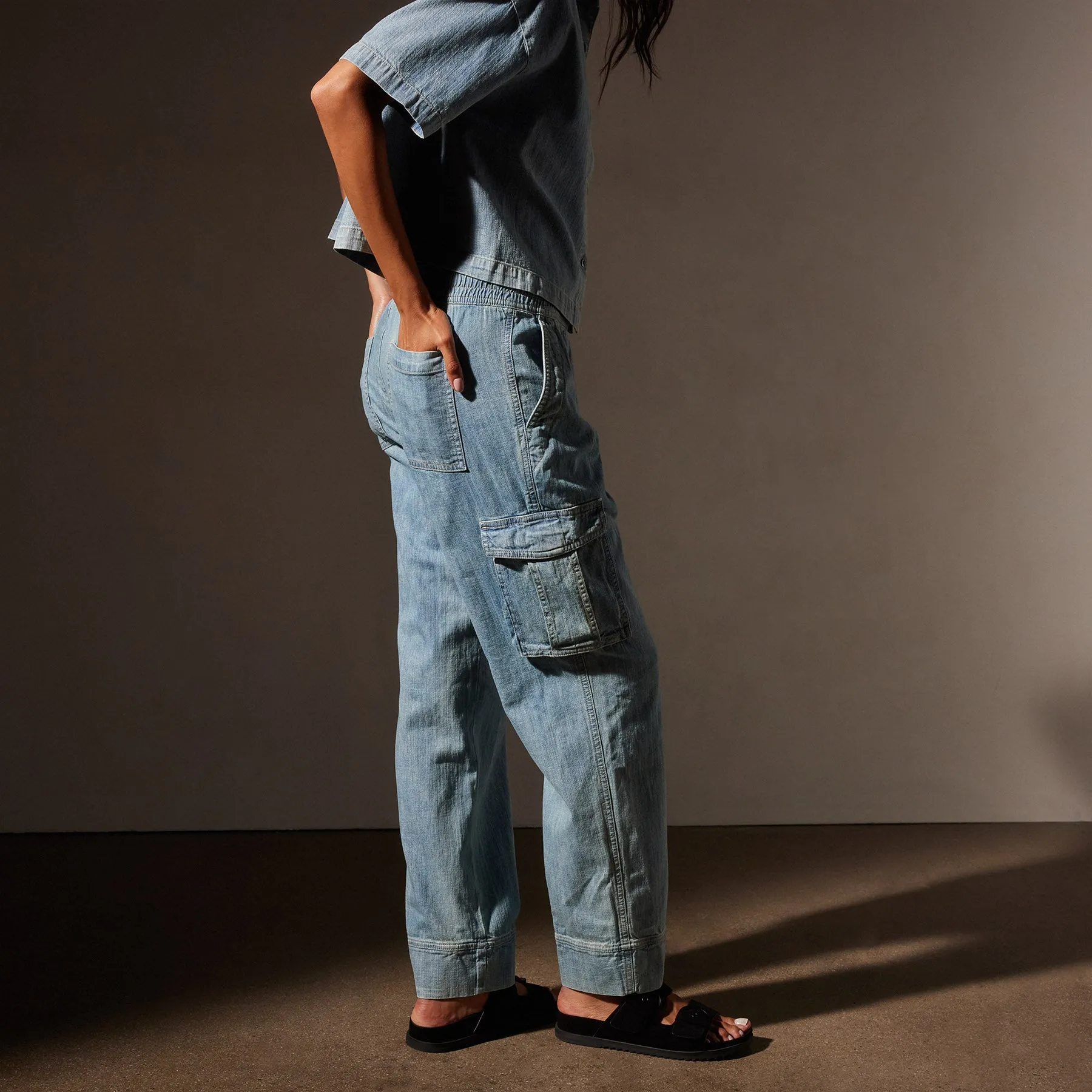 Washed Denim Cargo Pant - Bleach Wash
