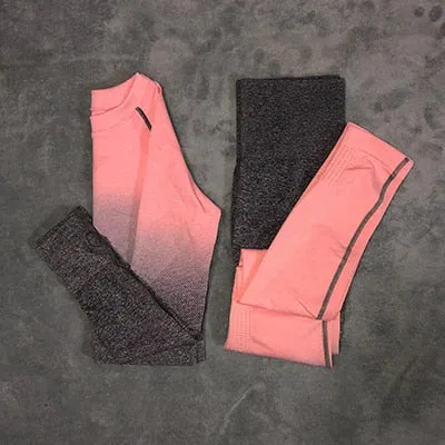 Women Yoga Set Gym Clothing Ombre Seamless Leggings Cropped Shirts Workout Sport Suit Women Long Sleeve Fitness Set Active Wear