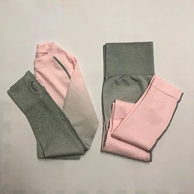 Women Yoga Set Gym Clothing Ombre Seamless Leggings Cropped Shirts Workout Sport Suit Women Long Sleeve Fitness Set Active Wear