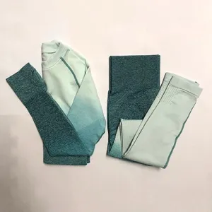 Women Yoga Set Gym Clothing Ombre Seamless Leggings Cropped Shirts Workout Sport Suit Women Long Sleeve Fitness Set Active Wear