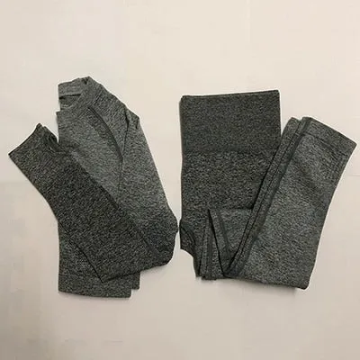 Women Yoga Set Gym Clothing Ombre Seamless Leggings Cropped Shirts Workout Sport Suit Women Long Sleeve Fitness Set Active Wear