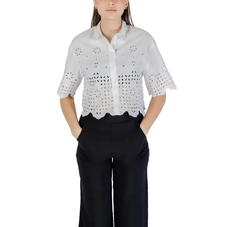 Women's Black Eyelet Shirt and Denim Shorts