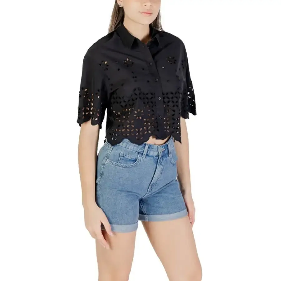 Women's Black Eyelet Shirt and Denim Shorts