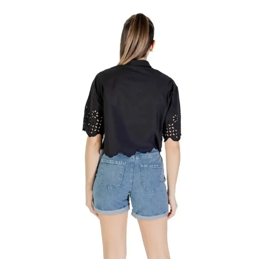 Women's Black Eyelet Shirt and Denim Shorts