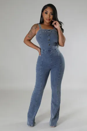 Women's Denim Sleeveless Straps Button detailed Wide-leg Blue Jumpsuit