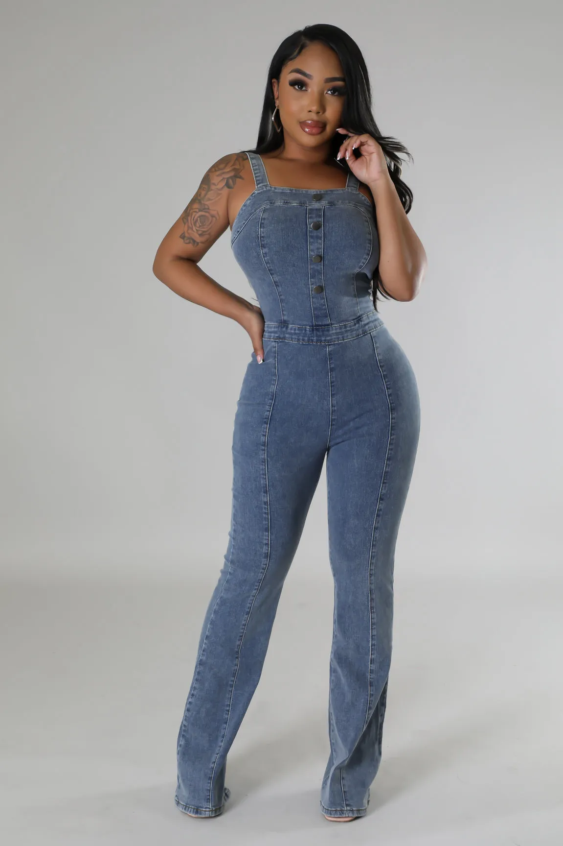 Women's Denim Sleeveless Straps Button detailed Wide-leg Blue Jumpsuit
