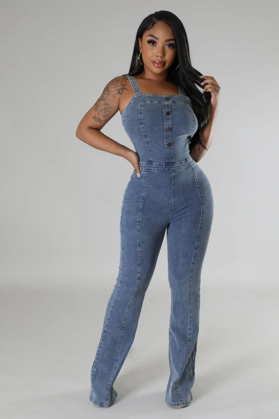 Women's Denim Sleeveless Straps Button detailed Wide-leg Blue Jumpsuit