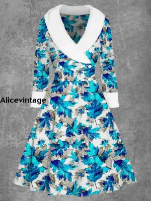 Women's Fashion Elegant Artistic Floral Print Long Sleeve V-Neck Fur Collar Midi Coat