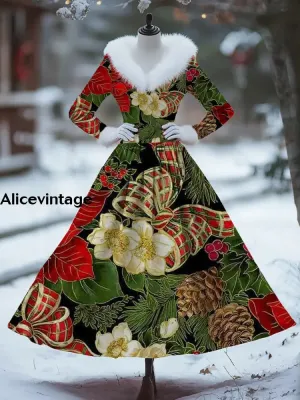 Women's Fashion Elegant Christmas Art Print Long Sleeve V-Neck Fur Collar Maxi Dress Coat
