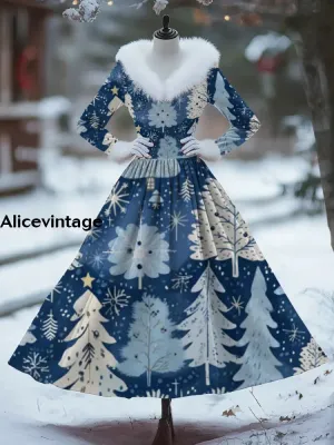 Women's Fashion Elegant Christmas Art Print Long Sleeve V-Neck Fur Collar Maxi Dress Coat