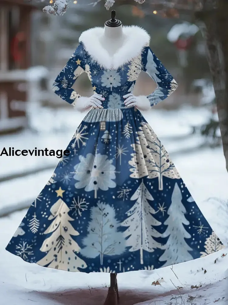 Women's Fashion Elegant Christmas Art Print Long Sleeve V-Neck Fur Collar Maxi Dress Coat
