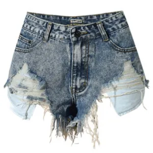 Women's High Waist Frayed Irregularity Fringed Denim Shorts