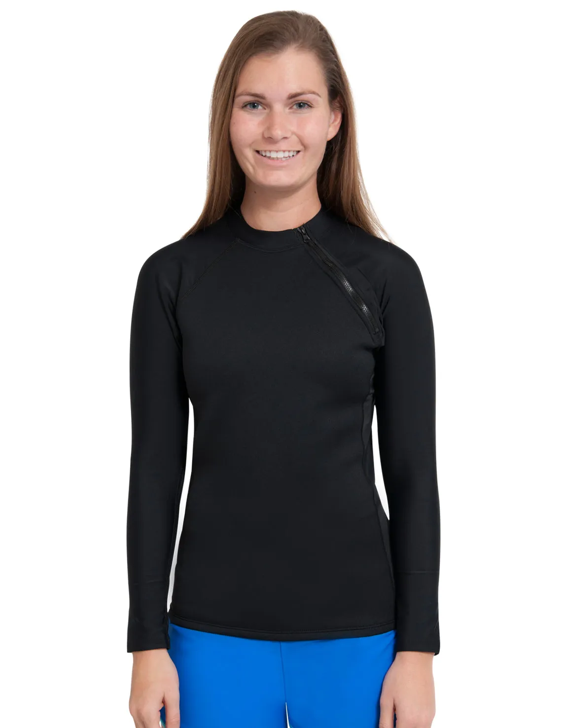 Women's  Hybrid Thermal Zip Rash Guard - Black / Black