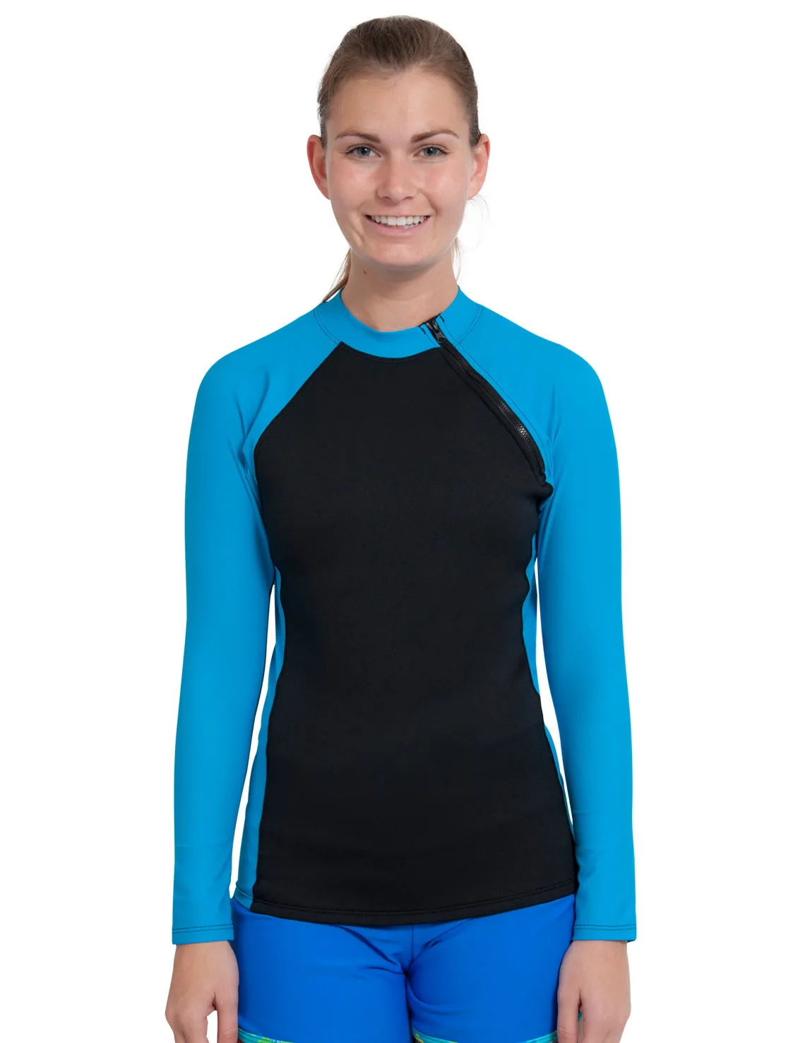 Women's  Hybrid Thermal Zip Rash Guard - Black / Turquoise