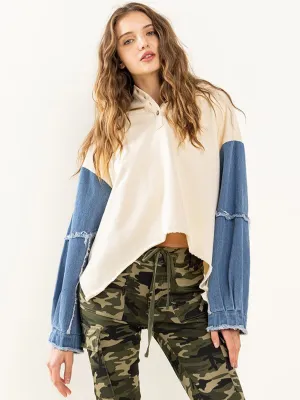 WOMEN'S LONG DENIM SLEEVE HOODED CONTRAST TOP
