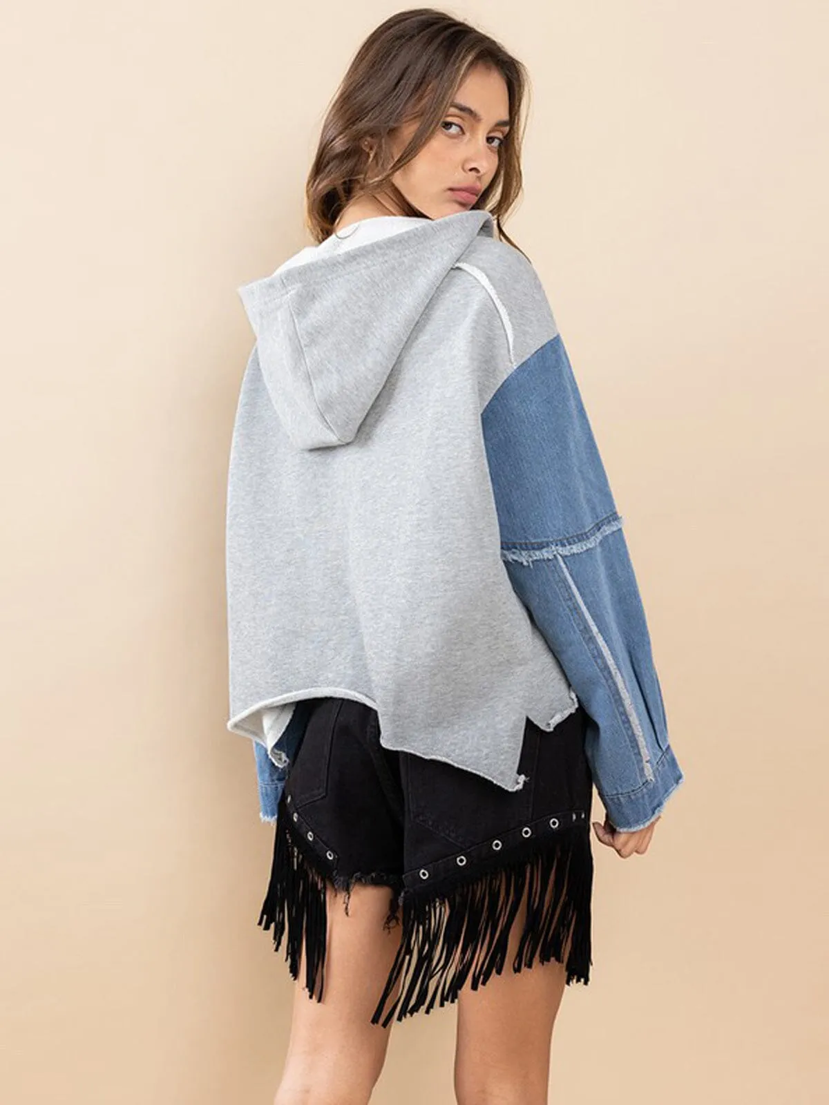 WOMEN'S LONG DENIM SLEEVE HOODED CONTRAST TOP