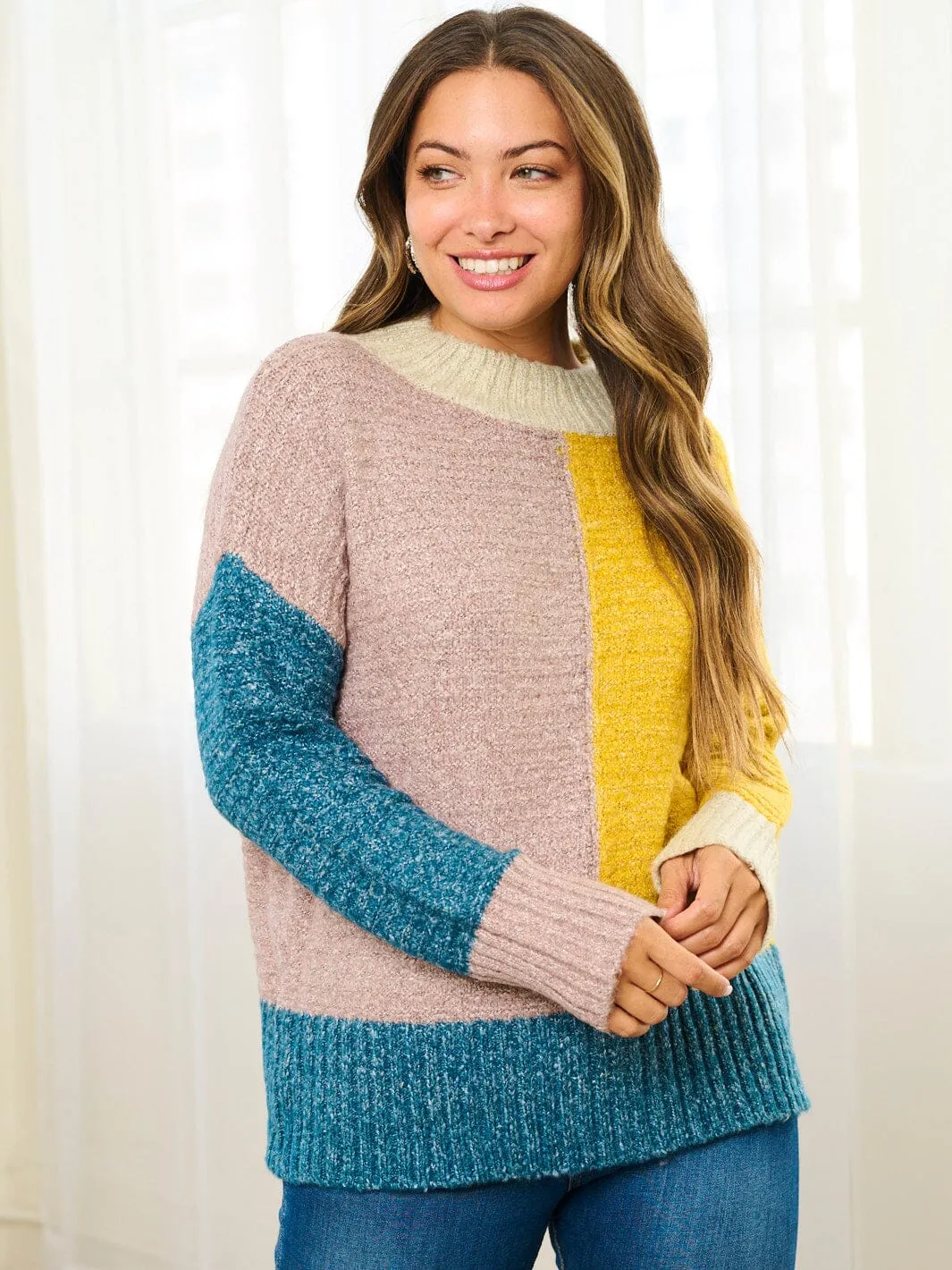 WOMEN'S LONG SLEEVE COLORBLOCK KNIT PULLOVER SWEATER