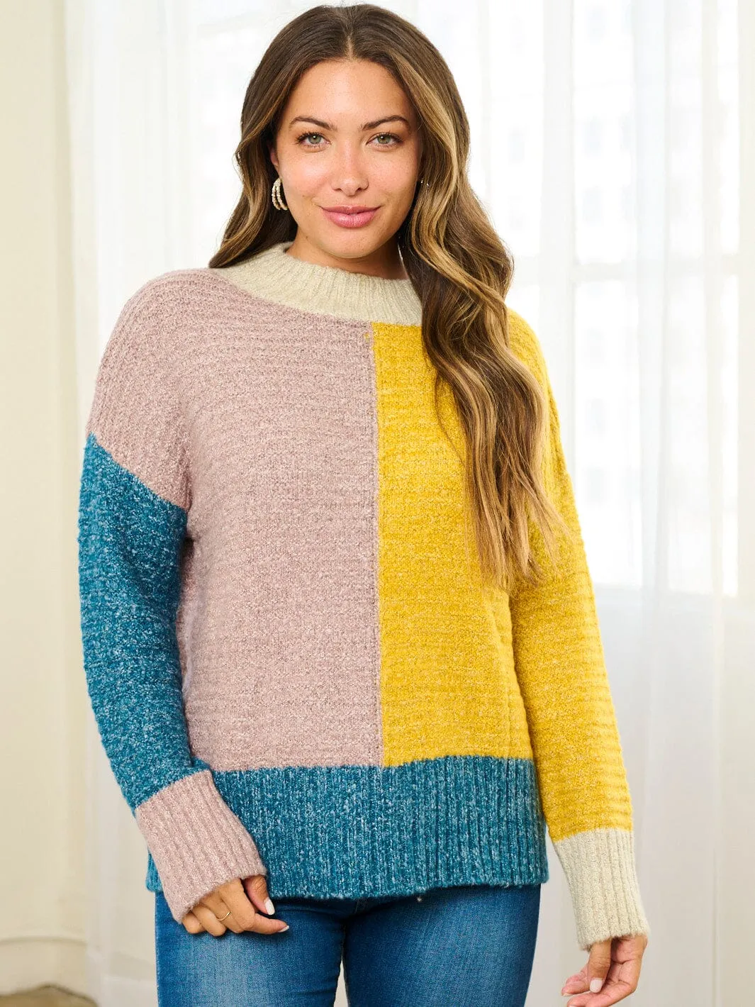 WOMEN'S LONG SLEEVE COLORBLOCK KNIT PULLOVER SWEATER