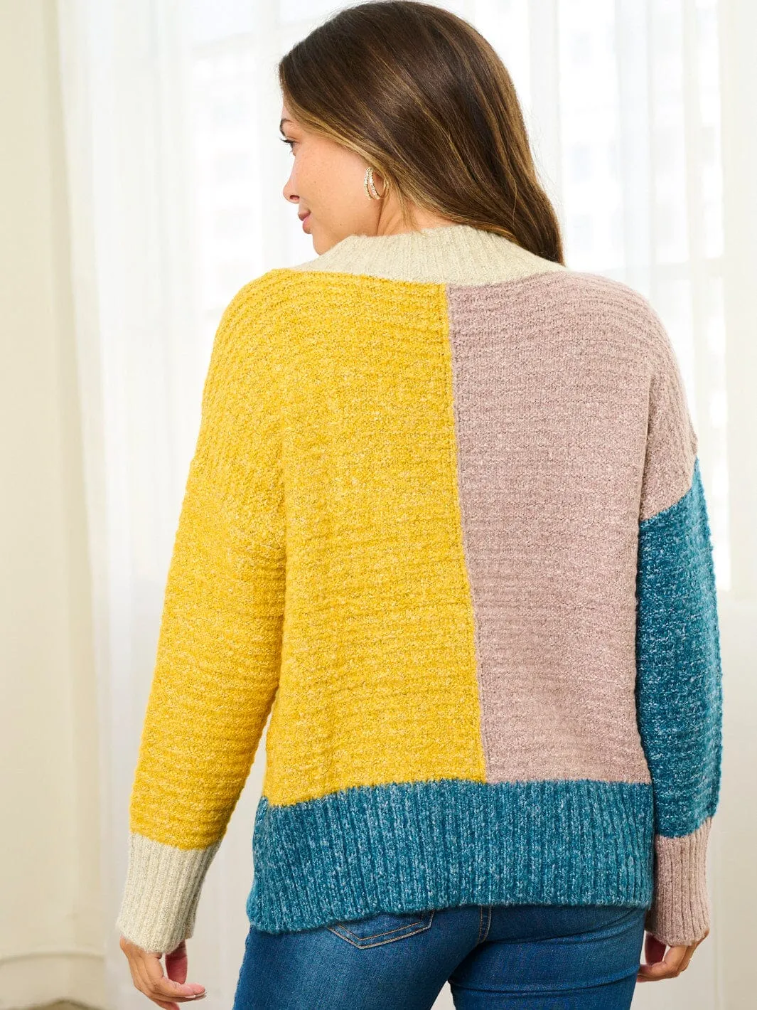 WOMEN'S LONG SLEEVE COLORBLOCK KNIT PULLOVER SWEATER