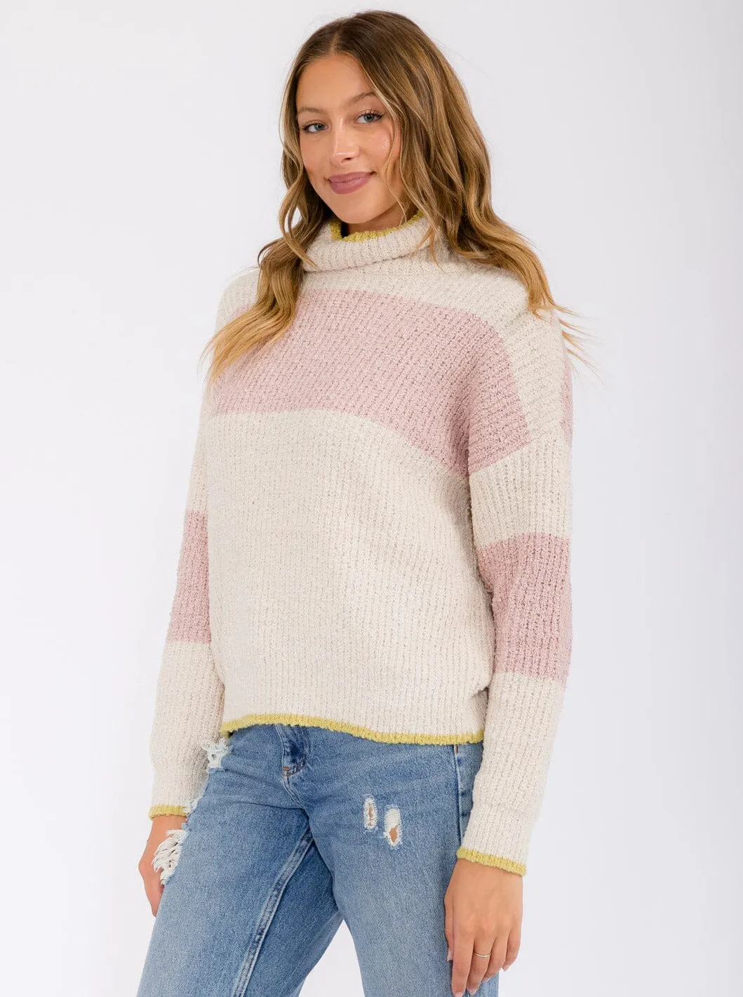 WOMEN'S LONG SLEEVE COLORBLOCK STRIPES TURTLE NECK PULLOVER SWEATER