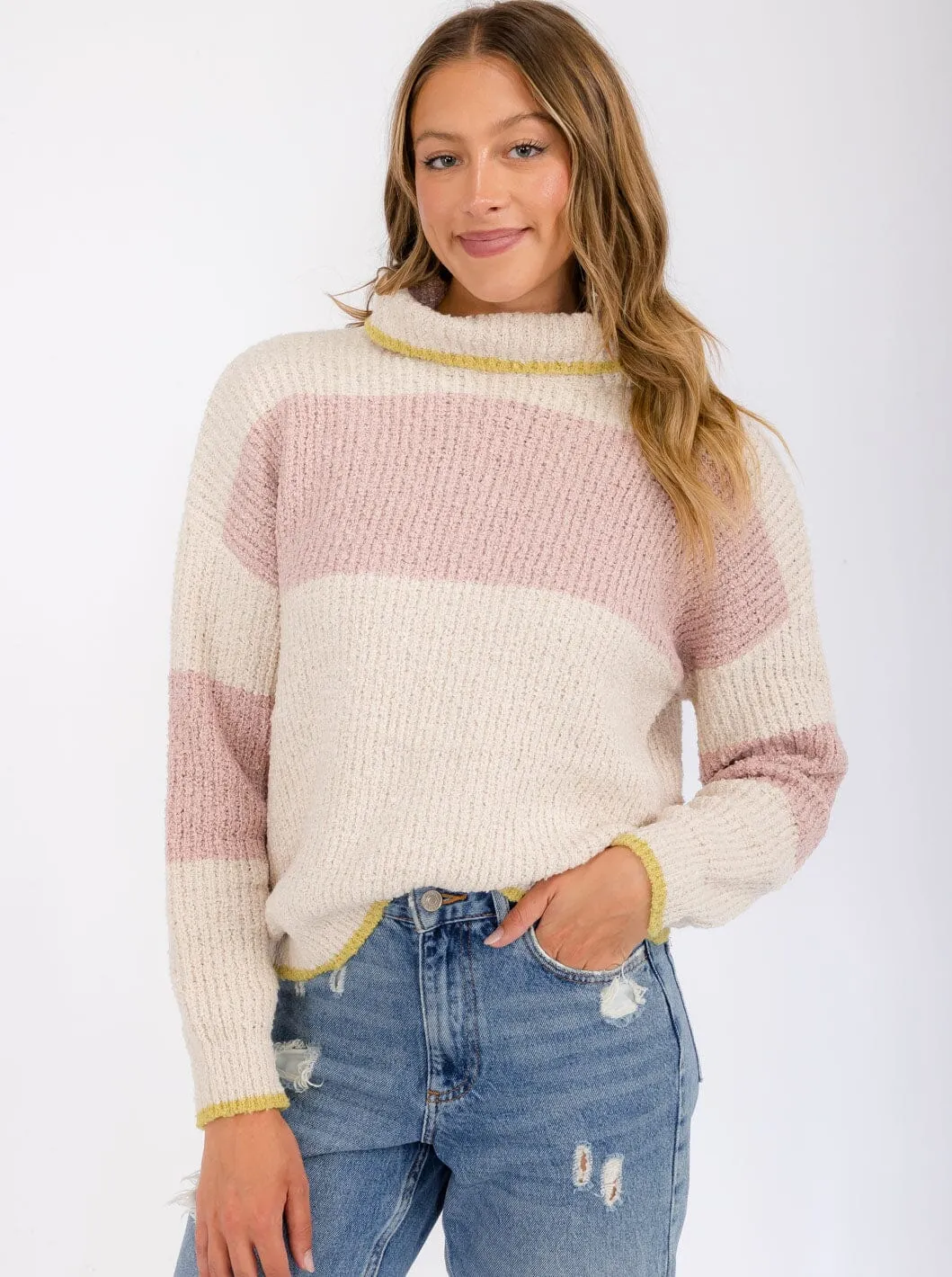WOMEN'S LONG SLEEVE COLORBLOCK STRIPES TURTLE NECK PULLOVER SWEATER