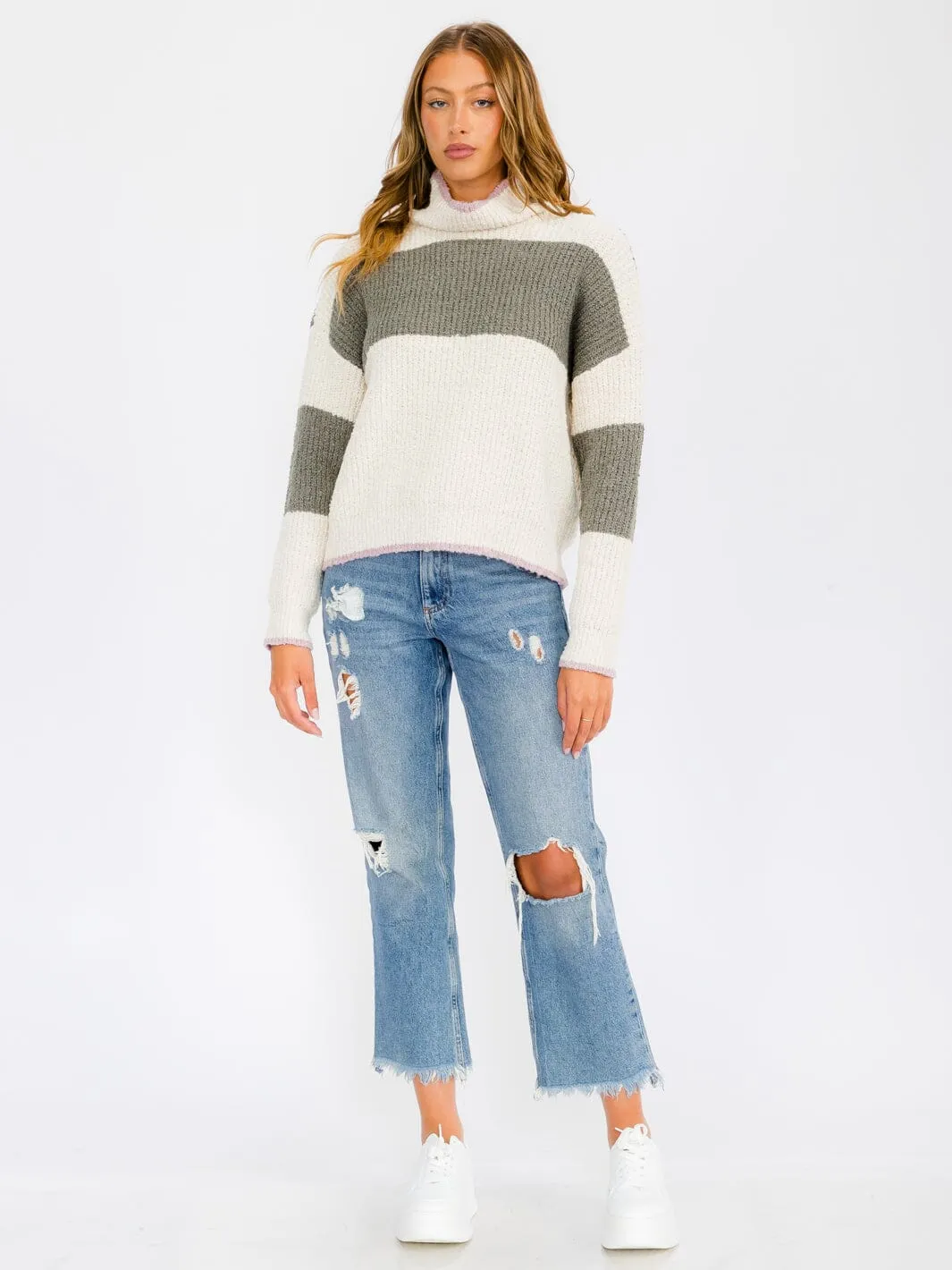 WOMEN'S LONG SLEEVE COLORBLOCK STRIPES TURTLE NECK PULLOVER SWEATER