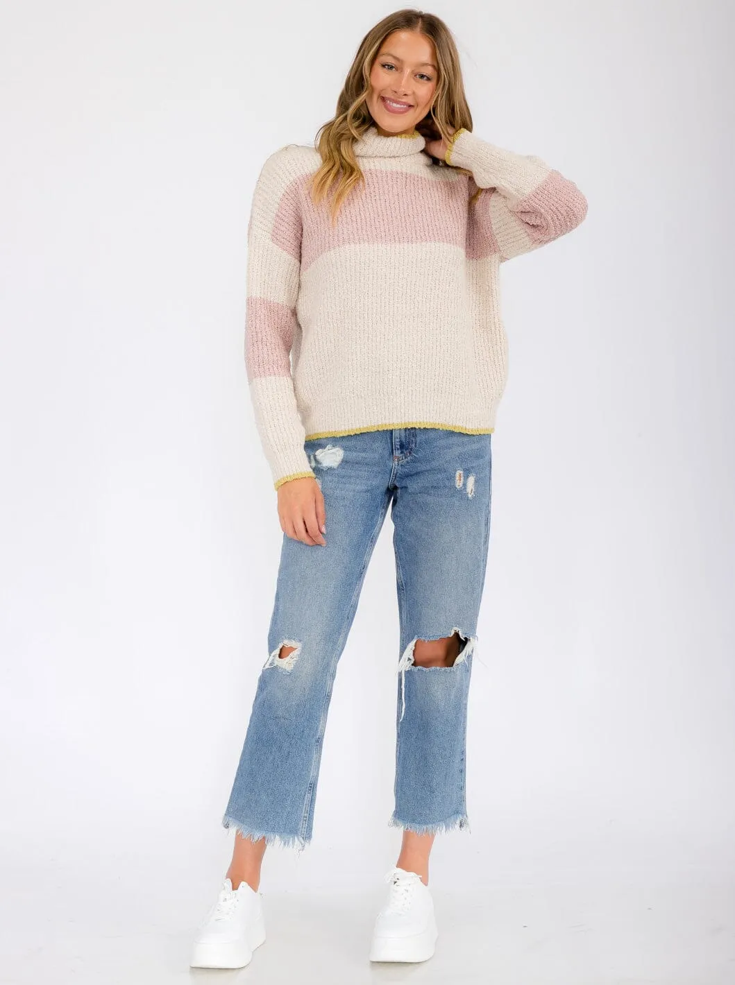 WOMEN'S LONG SLEEVE COLORBLOCK STRIPES TURTLE NECK PULLOVER SWEATER