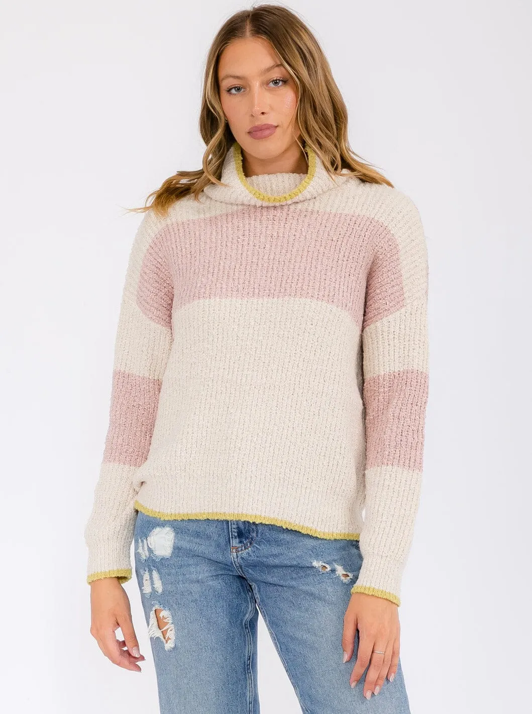 WOMEN'S LONG SLEEVE COLORBLOCK STRIPES TURTLE NECK PULLOVER SWEATER