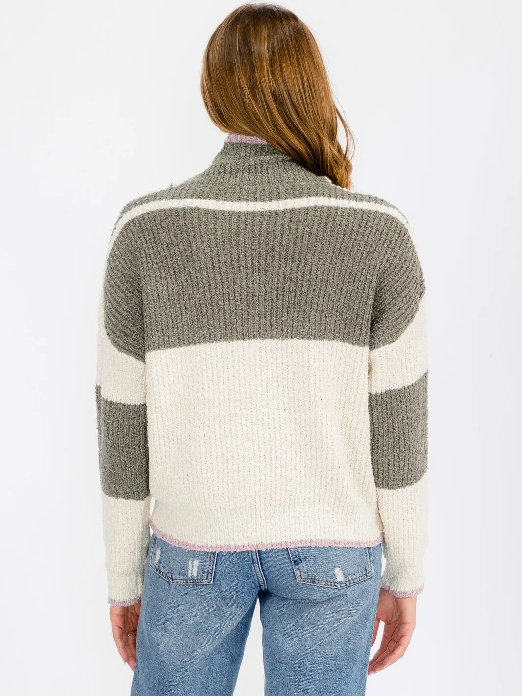 WOMEN'S LONG SLEEVE COLORBLOCK STRIPES TURTLE NECK PULLOVER SWEATER