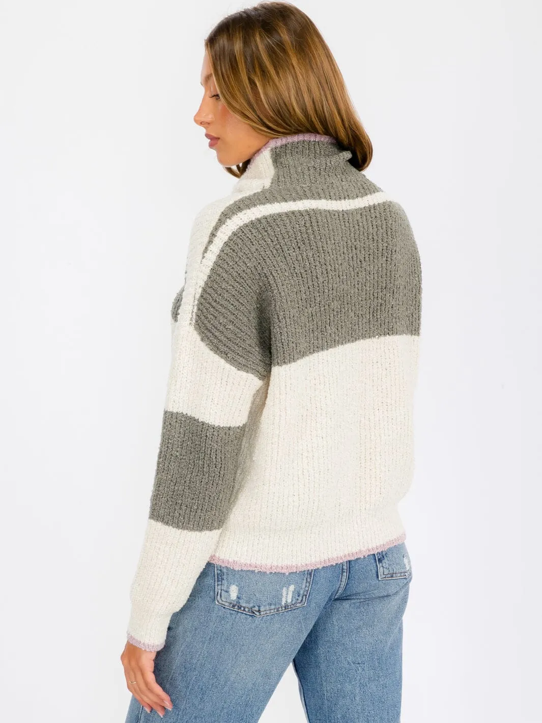 WOMEN'S LONG SLEEVE COLORBLOCK STRIPES TURTLE NECK PULLOVER SWEATER
