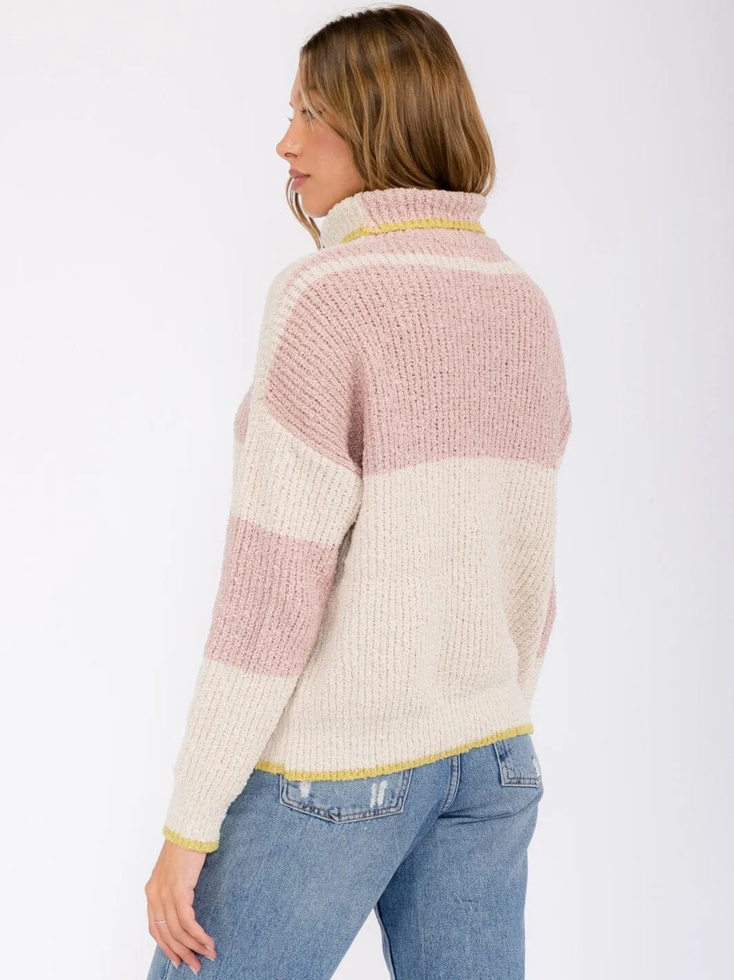 WOMEN'S LONG SLEEVE COLORBLOCK STRIPES TURTLE NECK PULLOVER SWEATER