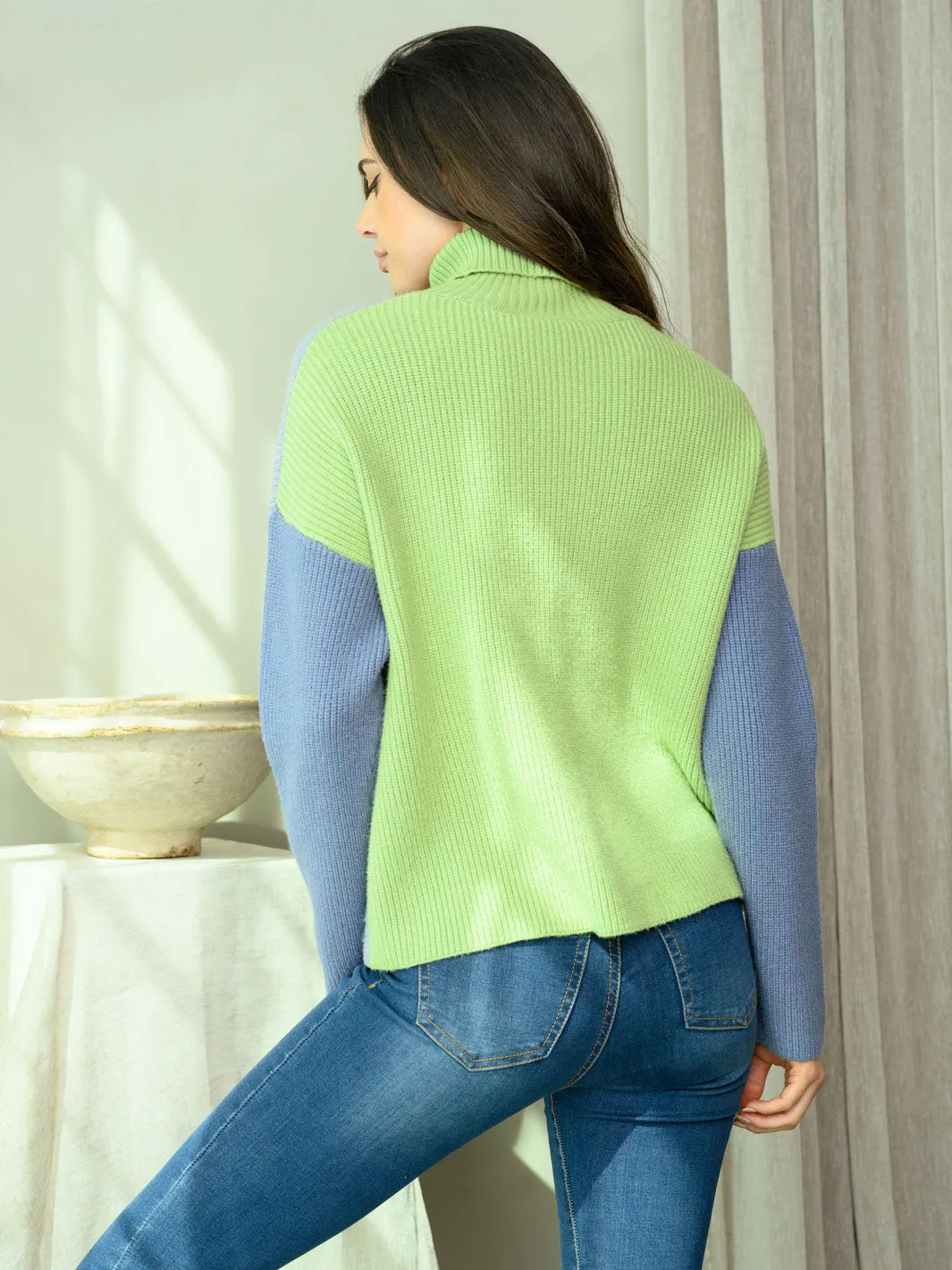 WOMEN'S LONG SLEEVE COLORBLOCK TURTLE NECK SWEATER