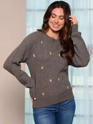 WOMEN'S LONG SLEEVE KNIT DITSY FLOWERS PULLOVER SWEATER