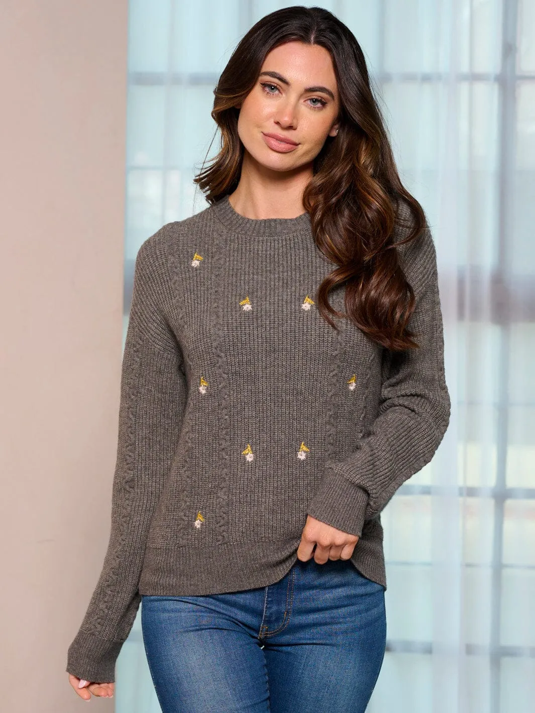 WOMEN'S LONG SLEEVE KNIT DITSY FLOWERS PULLOVER SWEATER