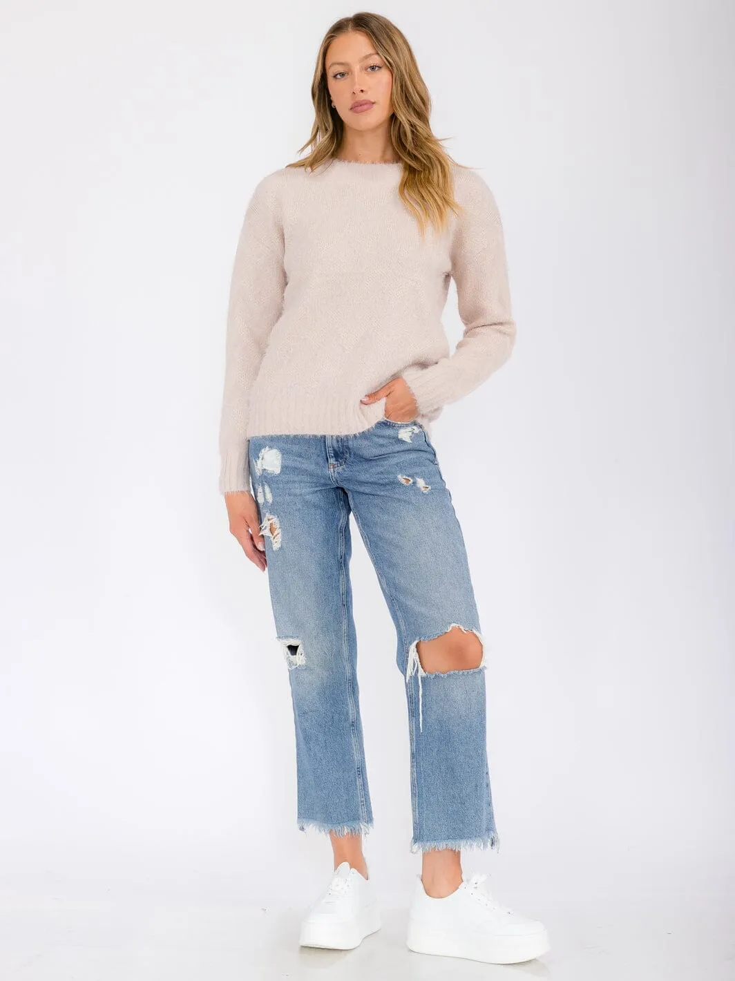 WOMEN'S LONG SLEEVE SHIMMER DETAILED PULLOVER SWEATER