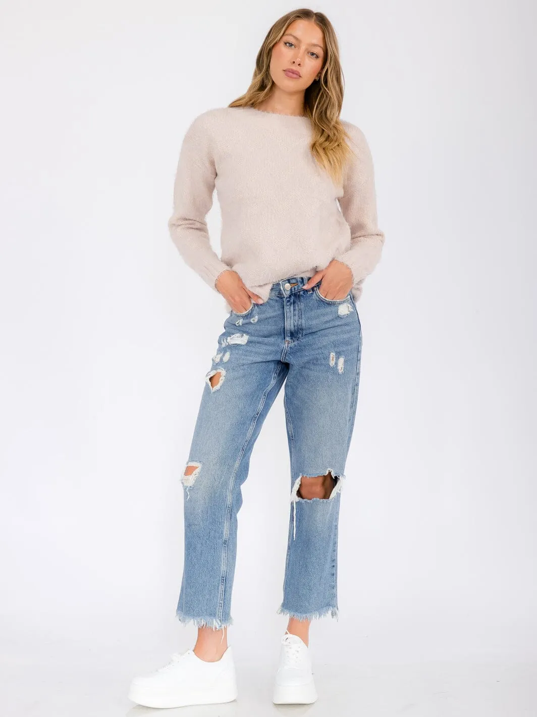WOMEN'S LONG SLEEVE SHIMMER DETAILED PULLOVER SWEATER
