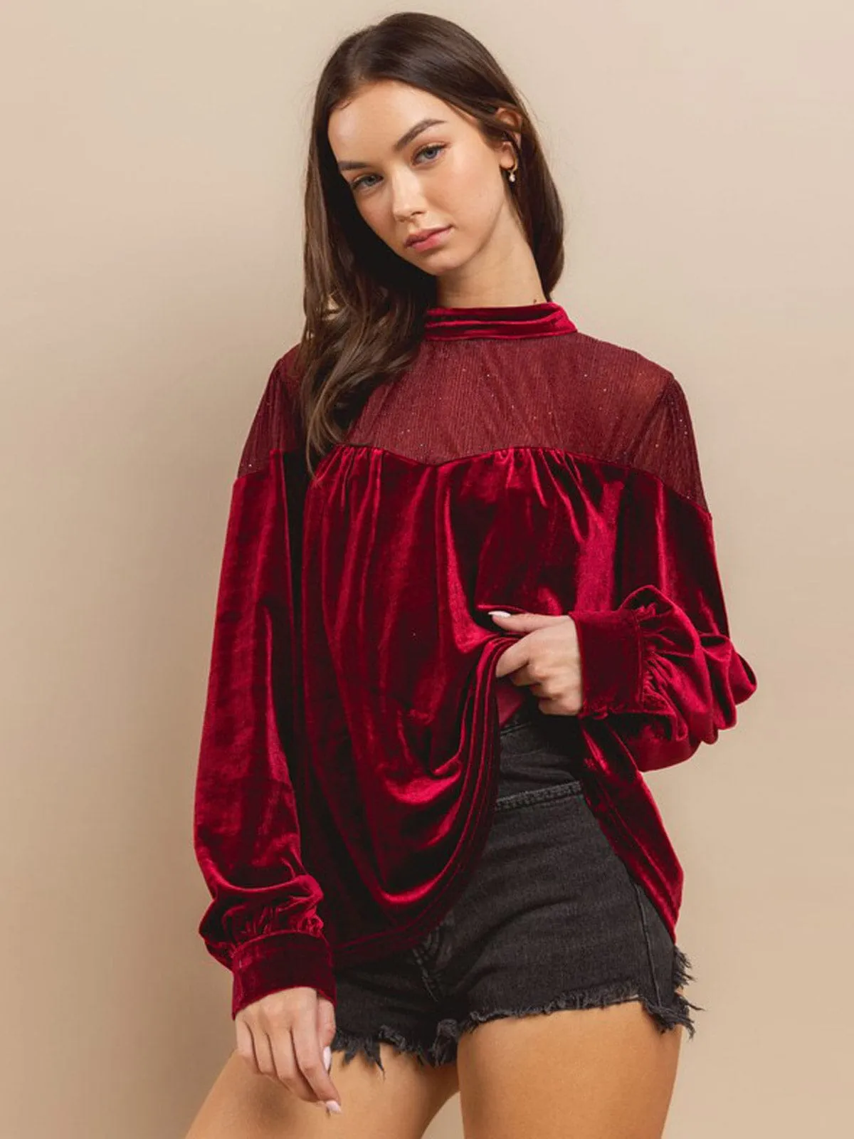 WOMEN'S LONG SLEEVE SHIMMER VELVET BLOUSE TOP
