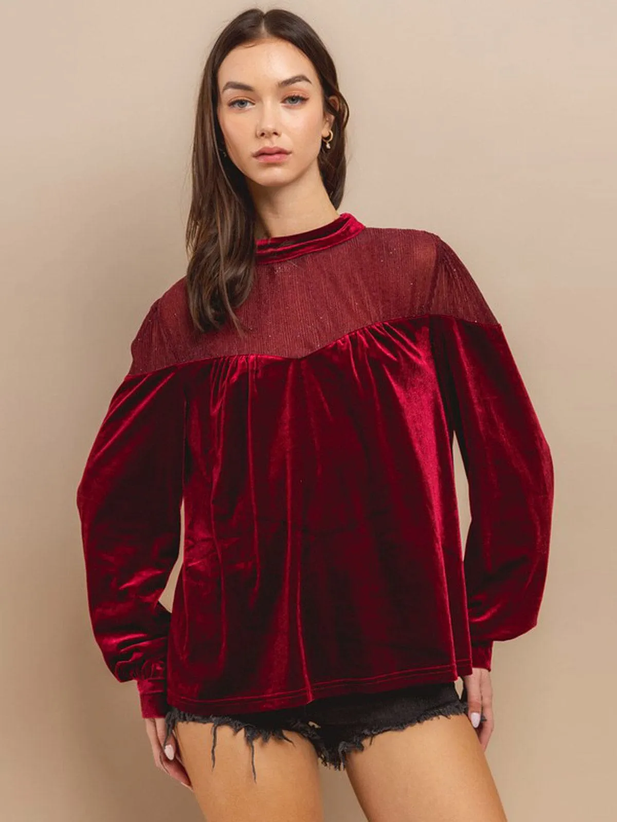 WOMEN'S LONG SLEEVE SHIMMER VELVET BLOUSE TOP