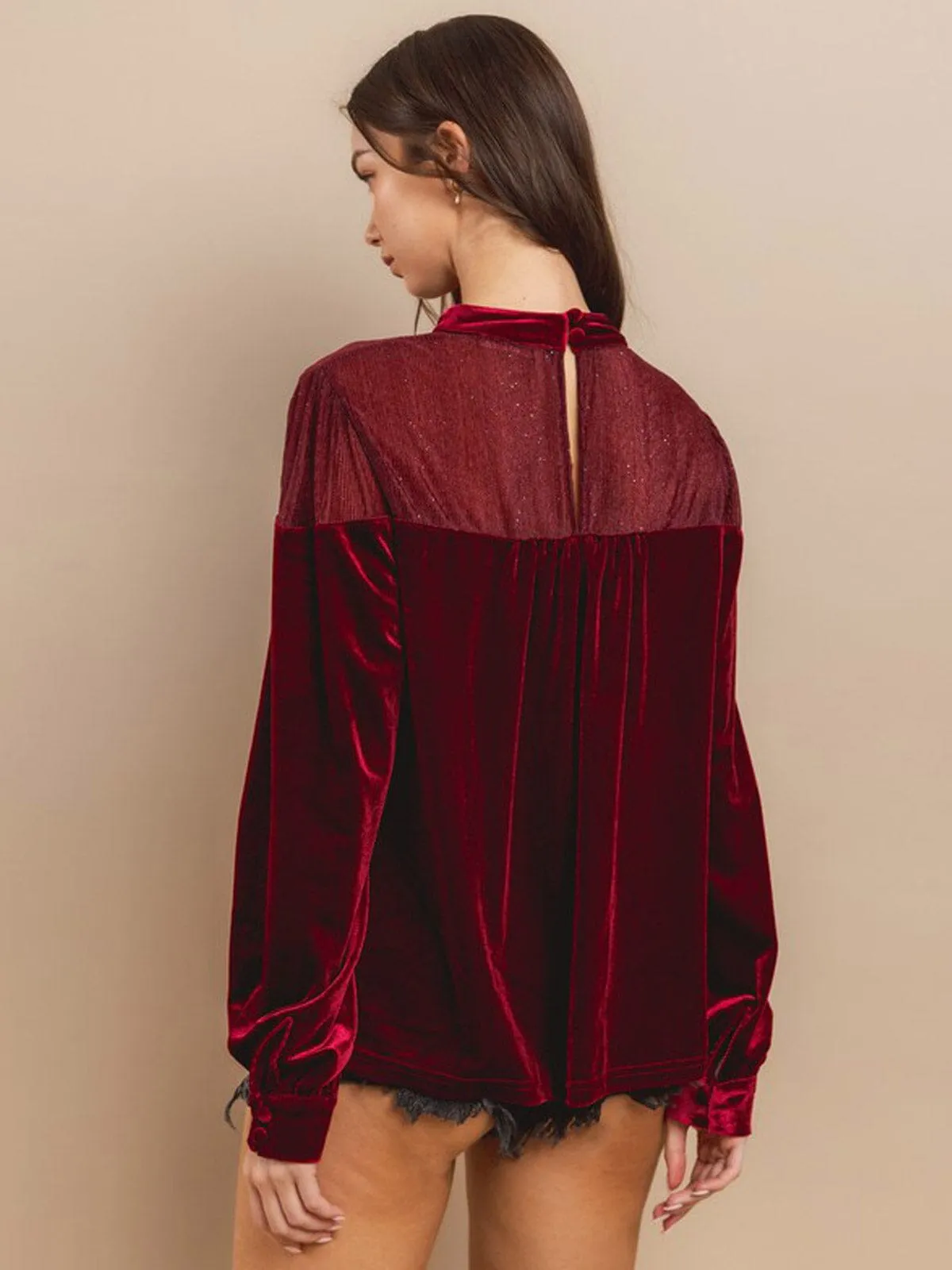WOMEN'S LONG SLEEVE SHIMMER VELVET BLOUSE TOP